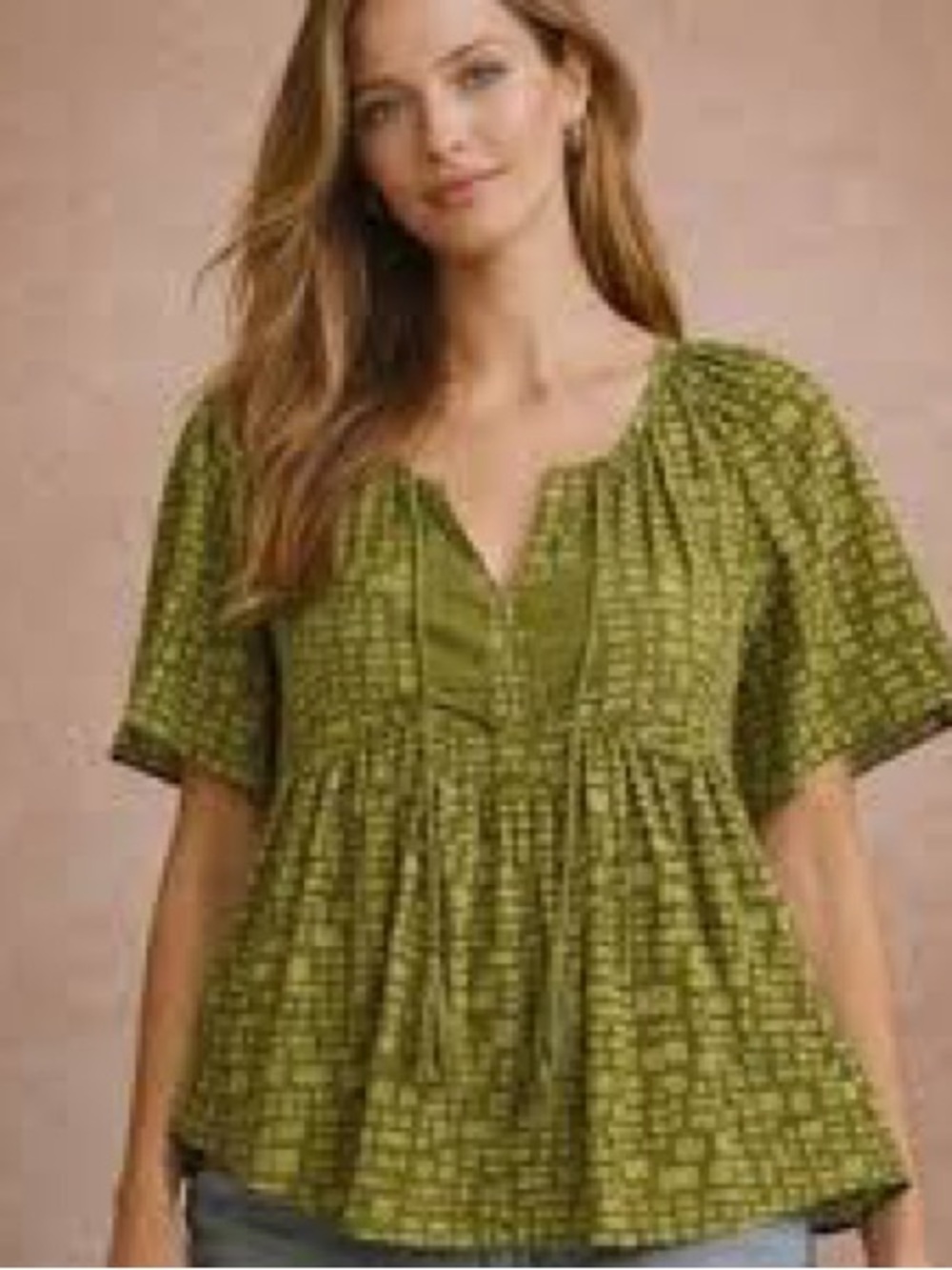 Anthropologie Porridge Olive Green Printed Peasant Top